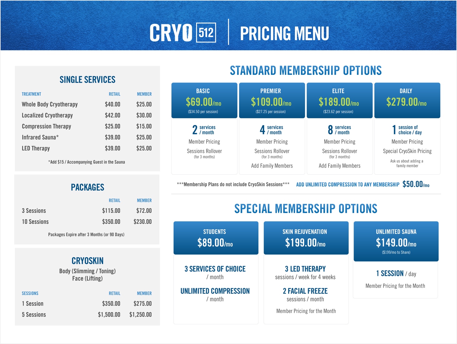 Cryo 512 Pricing Menu